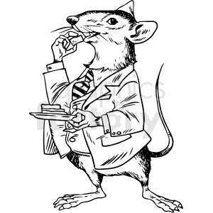 The clipart image depicts a stylized rat standing upright, dressed in a suit with a tie, and eating a piece of cake from a plate it is holding in one hand.