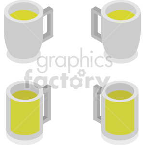 Isometric image of four beer mugs filled with yellow liquid.