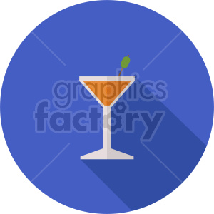 Clipart of a martini glass with an olive and an orange drink inside, set against a blue circular background.