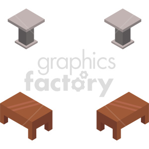 Isometric clipart of four tables. 2 of the tables are brown with a wooden texture, while the others are grey with a simple, and more of a stand than a table