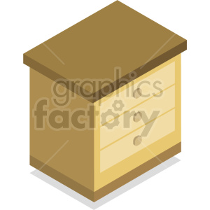 Isometric clipart image of a brown wooden cabinet with three drawers.