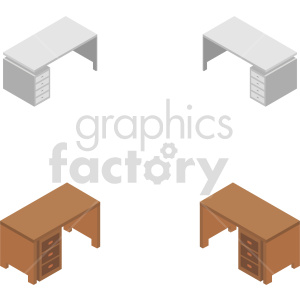 This clipart image features four office desks arranged in a grid. There are two white desks with drawers on the top row and two brown wooden desks with drawers on the bottom row. Each desk has a set of three drawers on the left side.