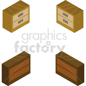 A clipart image featuring four isometric wooden cabinets with two drawers each, depicted in two different color variations: light brown and dark brown.