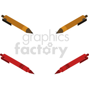 An isometric clipart image featuring two brown pencils at the top and two red pens at the bottom, arranged symmetrically.