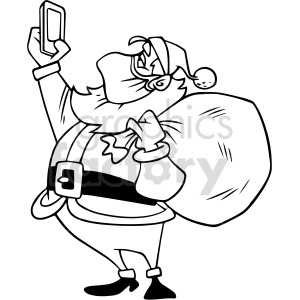 A cartoon illustration of Santa Claus wearing a face mask, holding a smartphone and carrying a bag.