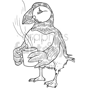 Black and white clipart of a puffin holding a steaming cup of hot beverage.