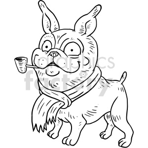 The image is a black and white line art drawing of a cartoon dog standing on all fours. The dog has pronounced, muscular features and is portrayed with a pipe in its mouth, which is humorously suggesting that it's smoking. Additionally, the dog wears a bandana around its neck