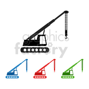 Clipart image featuring four silhouettes of a crawler crane in different colors: black, blue, red, and green.
