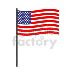 The clipart image shows the flag of the United States of America (USA), commonly known as the American flag. The flag is depicted on a flagpole and is shown as waving or fluttering in the wind. It features thirteen horizontal stripes in red and white, along with a blue field in the upper left corner containing fifty white five-pointed stars.