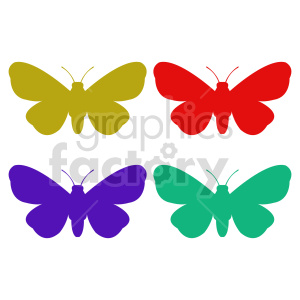 The image contains four butterflies, each a different color. The butterflies are depicted in a simple, flat graphic style. The colors are yellow, red, purple, and green, and the butterflies are arranged in a two-by-two grid against a white background.
