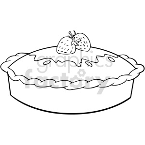 A black and white clipart image of a pie with two strawberries on top. The pie has a braided crust edge and a smooth top with some decorative drips.