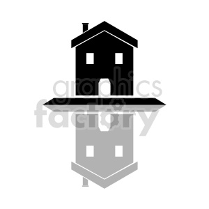 A minimalist black and white clipart depicting a house with a mirrored reflection.