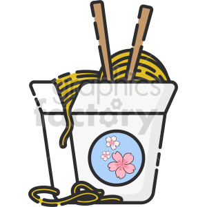 The clipart image shows a stylized vector icon of a noodle box commonly used to serve Asian-style noodles such as ramen. The image depicts a white container with a red lid and chopsticks sticking out from the top, implying that it is ready to be eaten. The design suggests a takeout or delivery style of service commonly associated with Asian-style fast food restaurants.
