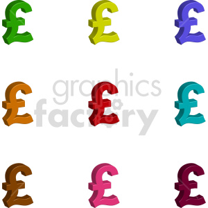 Clipart image featuring nine colorful British Pound currency symbols arranged in a grid pattern. The symbols are in different colors including green, yellow, blue, brown, red, teal, dark brown, pink, and burgundy.