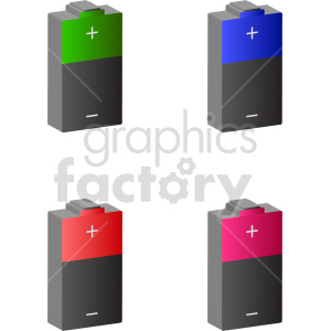 Clipart image of four 9-volt batteries in different colors, including green, blue, red, and pink.