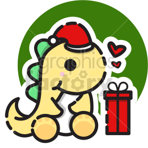 Cute cartoon dinosaur wearing a Santa hat and looking at a gift box with hearts. Ideal for Christmas-themed designs.