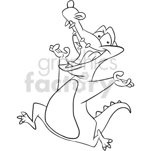 A cheerful cartoon alligator with an open mouth, standing on two feet, and arms raised.