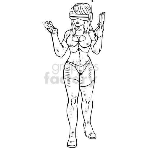 A clipart image of a futuristic woman wearing a visor and holding a gun. She is dressed in a revealing outfit with high boots and has an antenna attached to her visor.