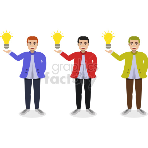 Cartoon Men Holding Glowing Light Bulbs