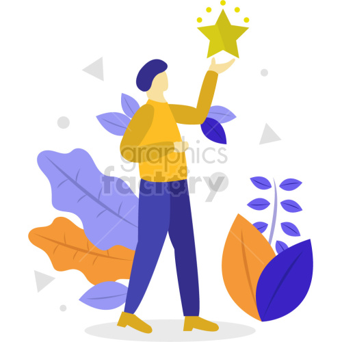 A modern clipart illustration featuring a person reaching for a golden star, surrounded by colorful abstract leaves and shapes.