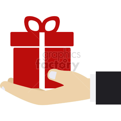 Clipart image of a hand holding a red gift box with a white ribbon and bow.