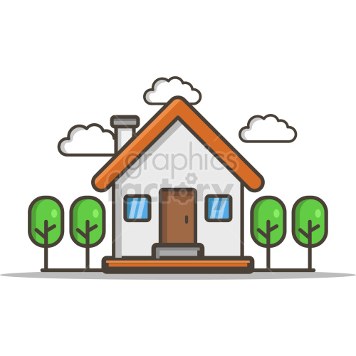 Clipart image of a house with a brown door, orange roof, chimney, windows, and surrounded by trees and clouds in the background.