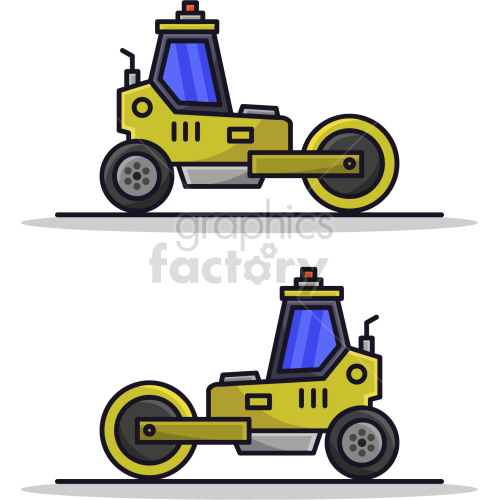 Clipart image of two yellow road rollers with blue windows. The road rollers are illustrated with one large wheel in front and one smaller wheel at the back.