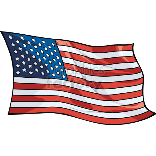 Clipart image of an American flag waving, featuring stars and stripes.