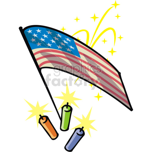 American flag with three firecrackers going off