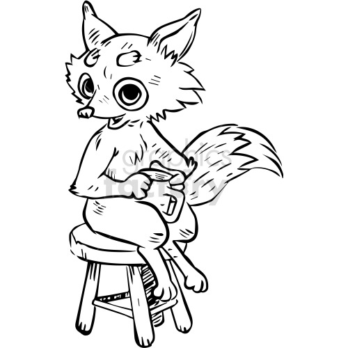 black and white fox sitting on stool clipart