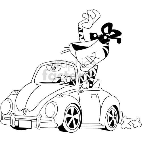 The clipart image depicts a stylized cartoon-like tiger wearing sunglasses and driving a car. The car appears to be an old-fashioned, small convertible coupe, reminiscent of a classic Volkswagen Beetle. The tiger is smiling with one hand on the steering wheel and appears to be in a joyful mood as if enjoying a drive.