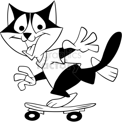This clipart image features a cartoon cat performing a trick on a skateboard. The cat has a mischievous and playful expression, waving one hand in the air, suggesting a moment of fun or excitement.