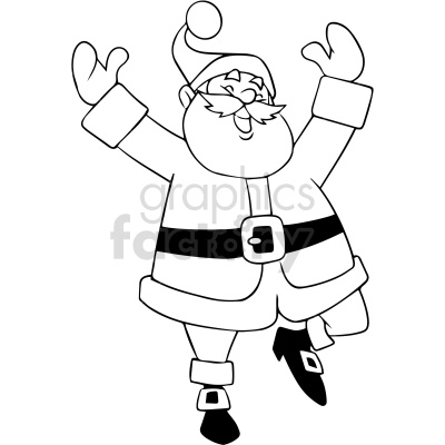 A festive clipart image of a joyful Santa Claus in a dancing pose, with raised arms and a happy expression. The image is black and white, making it suitable for coloring activities.