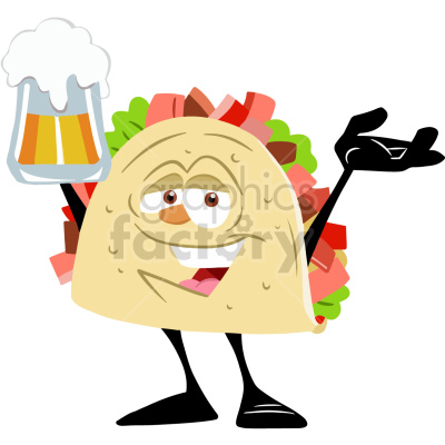 A cartoon taco character holding a mug of beer, depicted with a cheerful expression and an open hand gesture.
