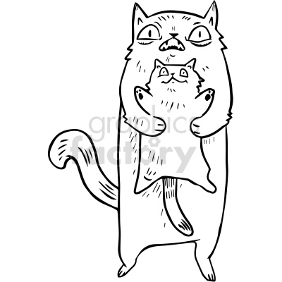 A black and white clipart image of a large cat holding a smaller cat. Both cats have similar facial expressions and big eyes. The image is drawn in a cartoon style.