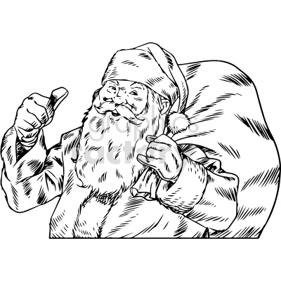 A black and white clipart image of Santa Claus, featuring him with a large sack over his shoulder, giving a thumbs up and pointing forward.