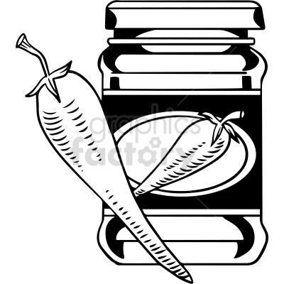 A black-and-white clipart image of a jar with a label featuring a chilie, along with a whole chilie in front of the jar.
