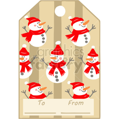 A festive gift tag featuring multiple snowmen wearing red hats and scarves on a beige-striped background, with 'To' and 'From' sections.