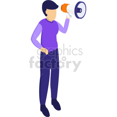 A person holding a megaphone, wearing a purple top and dark pants.