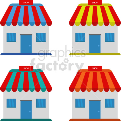 A clipart image featuring four small shop buildings, each outlined in different colors. The shops have striped awnings in various color combinations and signs that read 'SHOP' above the doors.
