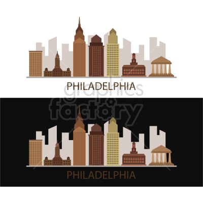 This clipart image features a stylized skyline of Philadelphia with prominent buildings depicted in a simplified, geometric style. It is shown on both a light and dark background.