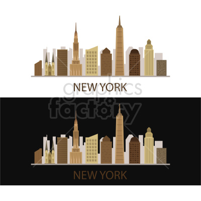 This clipart image features a stylized skyline of New York City with recognizable buildings in shades of brown and beige. The top image is set against a white background, while the bottom image is set against a black background. The text 'NEW YORK' is prominently displayed below each skyline illustration.