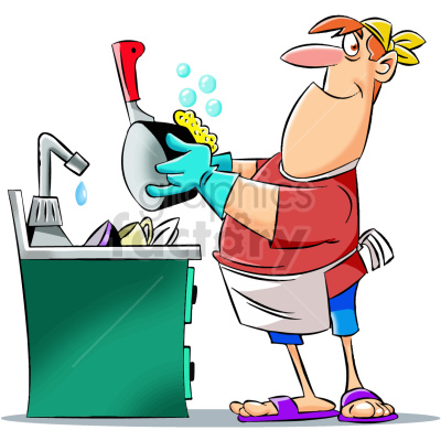 A cartoon character is washing dishes, wearing rubber gloves and an apron. The character is at a sink filled with dishes, using a scrubber on a pot.