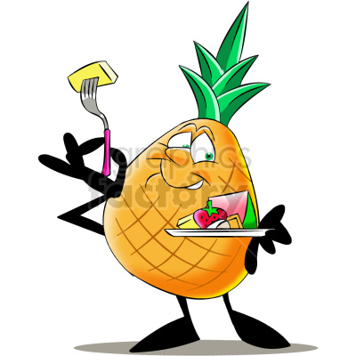   The clipart image depicts a cartoon pineapple fruit eating smaller pieces of fruit on a plate. The pineapple is shown with eyes and a mouth, suggesting that it is "eating" the smaller fruit.
 