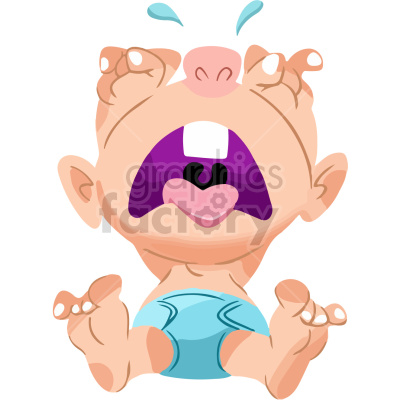 A clipart image of a crying baby in a diaper, depicted with tears near its eyes and a wide-open mouth showing a single tooth.