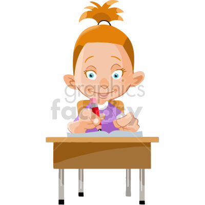 Clipart image of a smiling girl with red hair sitting at a desk and drawing with a red crayon.