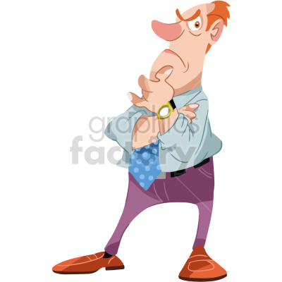 A cartoon illustration of a man with an angry expression, crossing his arms with one hand on his chin. The man is dressed in a light blue shirt with a rolled-up sleeve, a blue polka dot tie, purple pants, brown shoes, and a yellow watch.