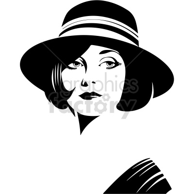 Clipart illustration of a stylish woman wearing a wide-brimmed hat with a ribbon. The image is in black and white, emphasizing a vintage and elegant aesthetic.