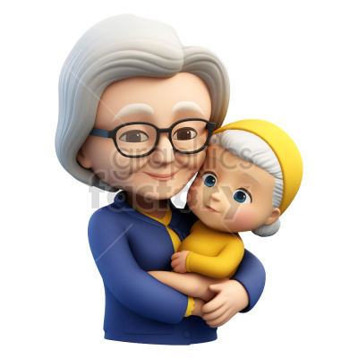 Clipart image of an elderly woman with glasses lovingly holding a baby, both smiling and dressed in colorful clothing.