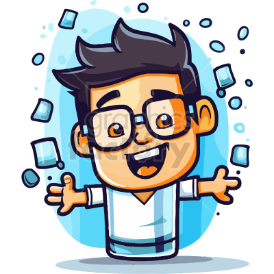 Cartoon illustration of a happy boy with glasses and dark hair, smiling with outstretched arms. Various geometric shapes and blue hues surround him, suggesting excitement and positivity.